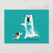 Playful Cat and Friendly Ghost – Cute Halloween シーズンポストカード (正面)