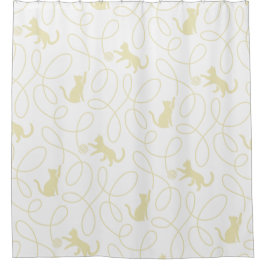 Playful Cat and Yarn Ball Pattern Light Beige シャワーカーテン
