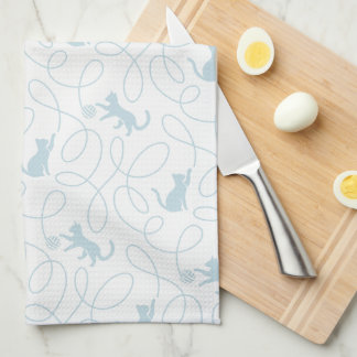 Playful Cat and Yarn Ball Pattern Light Blue キッチンタオル