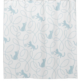 Playful Cat and Yarn Ball Pattern Light Blue シャワーカーテン