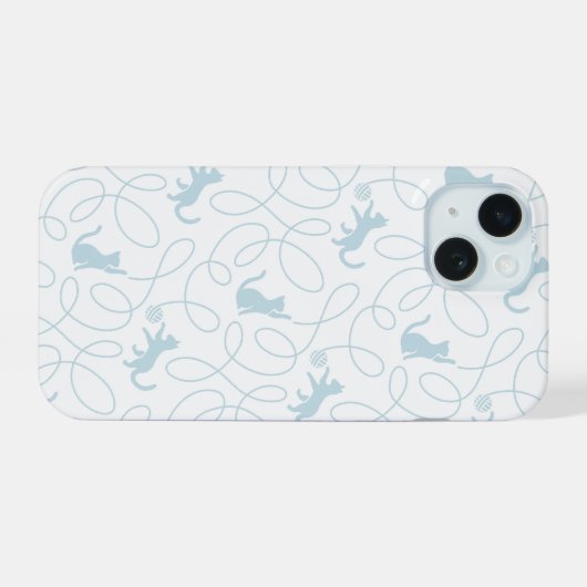 Playful Cat and Yarn Ball Pattern Light Blue iPhone 15ケース (裏面横)