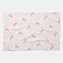 Playful Cat and Yarn Ball Pattern Light Coral Pink キッチンタオル