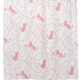 Playful Cat and Yarn Ball Pattern Light Coral Pink シャワーカーテン