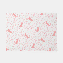 Playful Cat and Yarn Ball Pattern Light Coral Pink ドアマット
