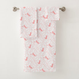 Playful Cat and Yarn Ball Pattern Light Coral Pink バスタオルセット
