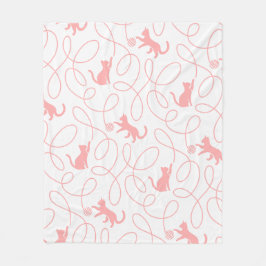 Playful Cat and Yarn Ball Pattern Light Coral Pink フリースブランケット