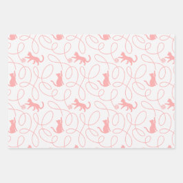 Playful Cat and Yarn Ball Pattern Light Coral Pink ラッピングペーパーシート