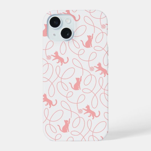Playful Cat and Yarn Ball Pattern Light Coral Pink iPhone 15ケース (裏面)