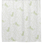 Playful Cat and Yarn Ball Pattern Light Sage Green シャワーカーテン (正面)