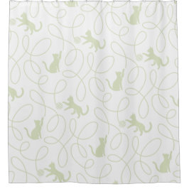 Playful Cat and Yarn Ball Pattern Light Sage Green シャワーカーテン