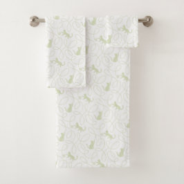 Playful Cat and Yarn Ball Pattern Light Sage Green バスタオルセット