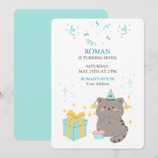 Playful Cat Birthday 招待状 (正面/裏面)