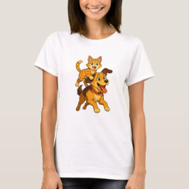 Playful Cat Riding a Cute Dog – Kawaii Joyful  Tシャツ