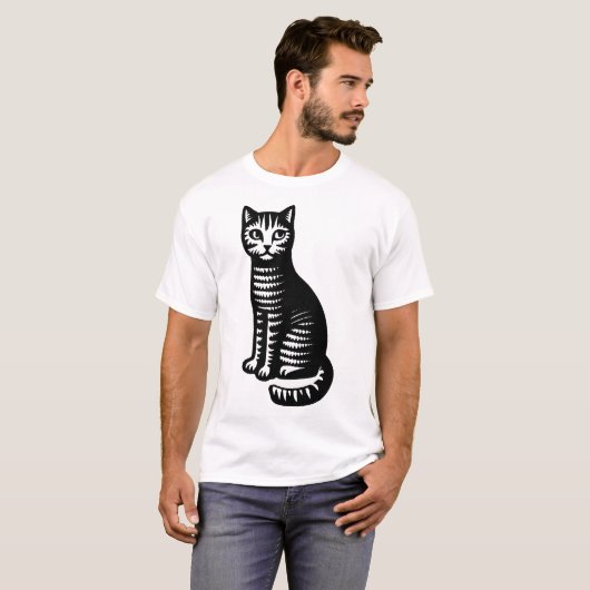 Playful Cat Woodcut Style Tシャツ (正面フル)