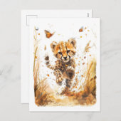 Playful Cheetah Cub and Butterflies シーズンポストカード (正面/裏面)