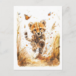 Playful Cheetah Cub and Butterflies シーズンポストカード