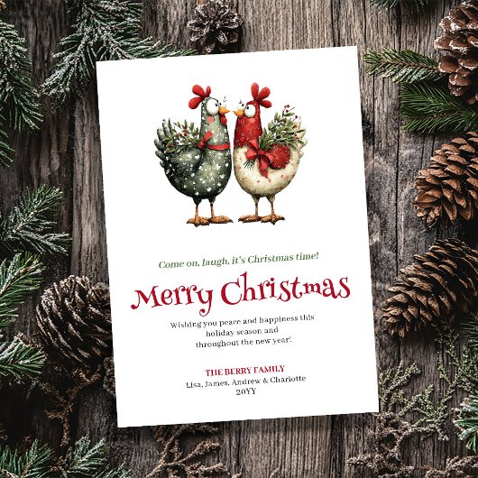 Playful Chickens Whimsical Christmas Greeting Card シーズンカード