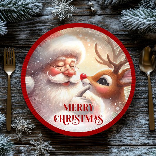 Playful Christmas Plates Santa and Rudolph ペーパープレート