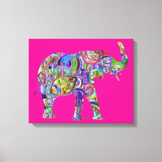 Playful Colorful Elephant Art on Fuchsia Canvas    キャンバスプリント (正面)