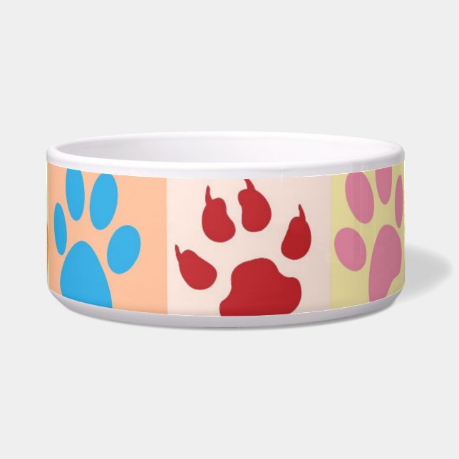 Playful Colorful Paw Prints Ceramic Pet Feeding Bo ボウル (正面)