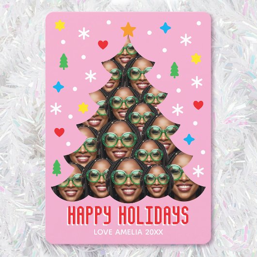 Playful Custom Photo Modern Christmas Tree Pink シーズンカード