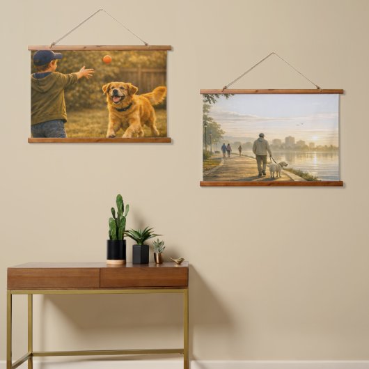 Playful Dog Day Horizontal Tapestry Wall Art Set 吊り下げ型タペストリー (非対称)