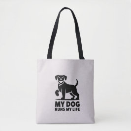 Playful Dog Outline "My Dog Runs My Life" Art トートバッグ