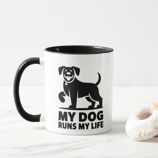 Playful Dog Outline "My Dog Runs My Life" Art マグカップ (ドーナツ)