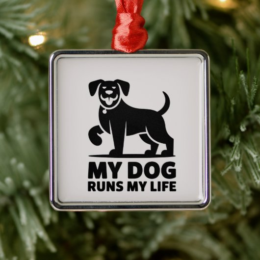 Playful Dog Outline "My Dog Runs My Life" Art メタルオーナメント (ツリー)
