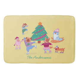 Playful Dogs Ice Skating Yellow Christmas バスマット
