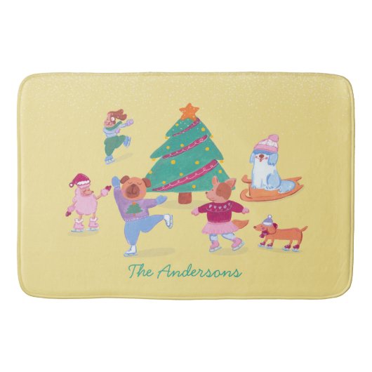 Playful Dogs Ice Skating Yellow Christmas バスマット (正面)