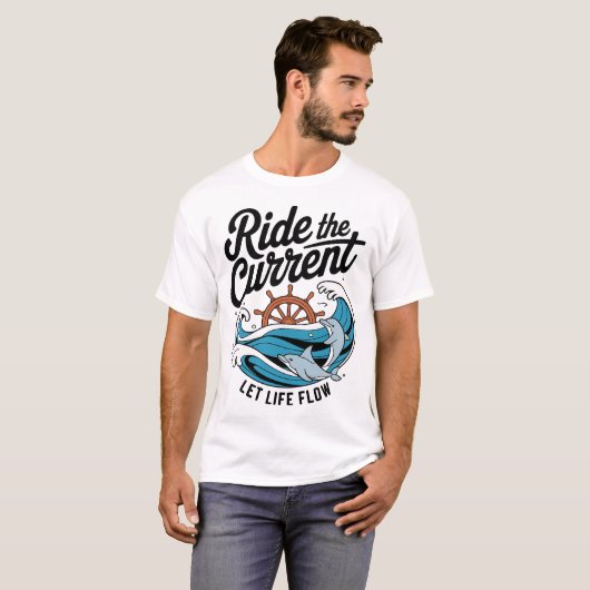 Playful Dolphins Surfing Ocean Wave & Ship Wheel Tシャツ (正面フル)