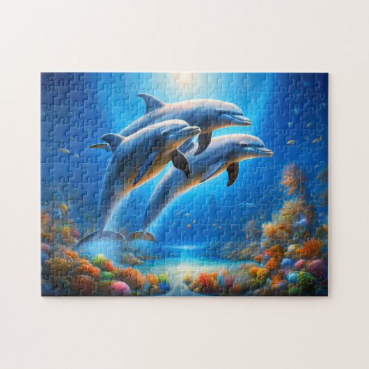 Playful Dolphins Vibrant Underwater Ocean Scene ジグソーパズル (横)