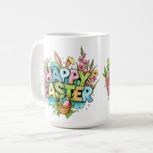 Playful Easter Artwork With Bunny Ears and Florals コーヒーマグカップ (正面左)