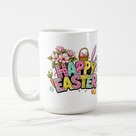 Playful Easter Artwork With Bunny Ears and Florals コーヒーマグカップ (左)