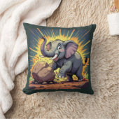 Playful Elephant Pushing a Rock – Fun Cartoon Anim クッション (ブランケット)