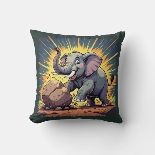 Playful Elephant Pushing a Rock – Fun Cartoon Anim クッション (正面)