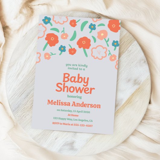 Playful Floral Baby Shower Invitation 招待状