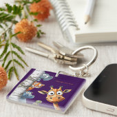 Playful Forest Creatures Purple Square Design キーホルダー (正面右)