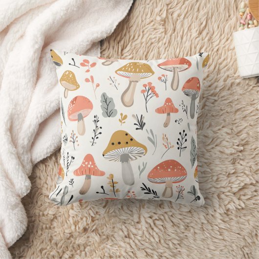 Playful Forest Mushroom and Leaf Pattern Pillow クッション (ブランケット)