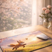 Playful Fox Cubs in Spring Blossom Meadow デスクマット
