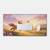 Playful Fox Cubs in Spring Blossom Meadow デスクマット (キーボード&マウス)