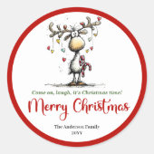 Playful funny deer sticker red green doodle style ラウンドシール (正面)
