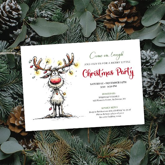 Playful funny reindeer Christmas party invite 招待状