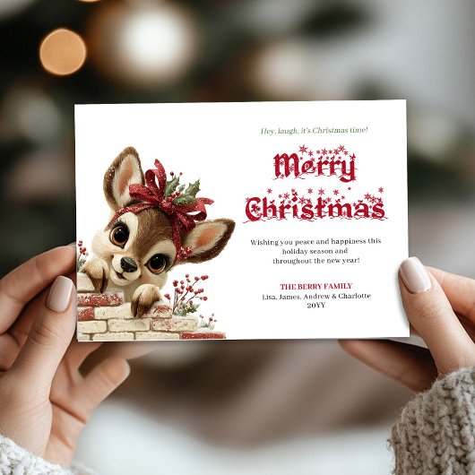 Playful Funny Reindeer Snow kids holiday greeting  シーズンカード