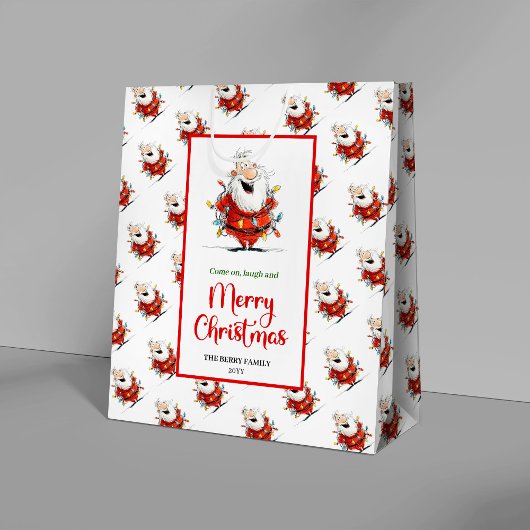 Playful funny Santa artistic red green gift bag ミディアムペーパーバッグ