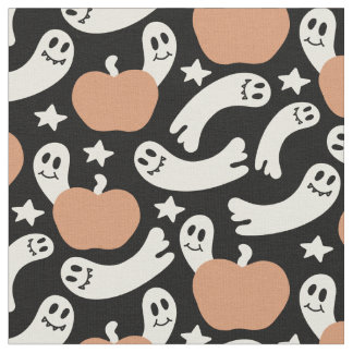Playful Ghosts and Pumpkins on Black – Halloween R ファブリック