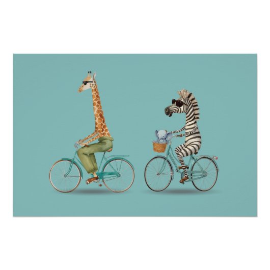 Playful Giraffe and Zebra Cycling Poster ポスター (正面)