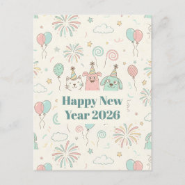 Playful Happy New Year 2026 Kids Greeting Card シーズンポストカード