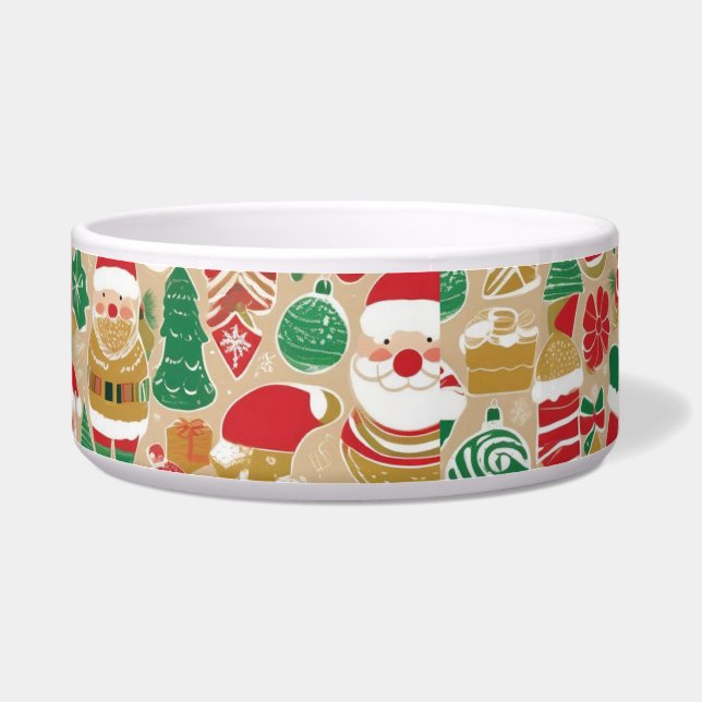 Playful Holiday Treats Dog Bowl – Hand-Drawn Santa ボウル (左)